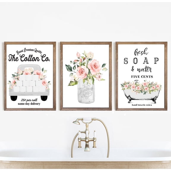 UNFFRAMED Set White Rose Floral Bathroom Art Cotton Co Bathroom Wall Decor, Pink Farmhouse Bathroom Decor Set 3 Prints 8x12