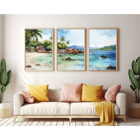 UNFFRAMED Seychelles Poster Set Of 3, Tropical Beach Coastal Wall Art, Paradise Island Poster, African Seaside Decor, Indian Ocean Artwork Set 3 Prints 12x18