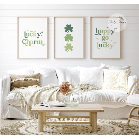 UNFFRAMED Shamrock St Patricks Day Posters Set, Lucky Charm Art Set 3 Prints 8x12