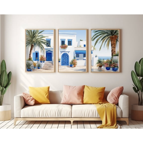 UNFFRAMED Sidi Bou Said Poster Set Of 3, Tunisia Coastal Wall Art, Mediterranean Blue Door Decor, North Africa Poster, Tunisian Artwork Set 3 Prints 8x12