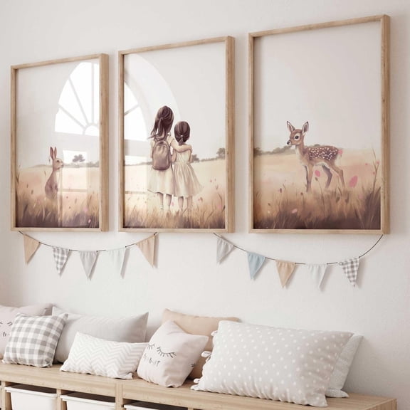 Luvia Sister Room Decor, Sister Print, Deer & Bunny Art, Shared Room Prints Girl, Set Of 3 Country Nursery Set, Sister, Modern Wall Decor Set 3 Prints 8x12 UNFRAMED