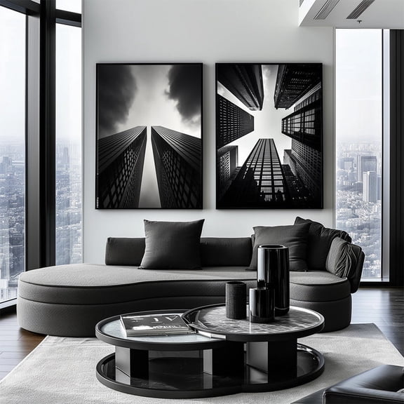 UNFFRAMED Skyscraper Posters Set, Black and White City Views Set 2 Prints 16x24