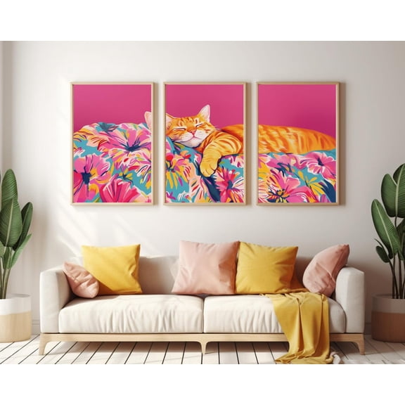 UNFFRAMED Sleeping Tabby Cat Poster, Set Of 3, Pink Floral Nursery Wall Art, Cute Kitten Decor, Cat Lover Poster, Cozy Animal Artwork Set 3 Prints 20x30