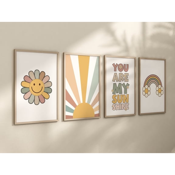 UNFFRAMED Smiley Face Print, Daisy Wall Art, Groovy Nursery, Girls Room Decor, Groovy Nursery, Girls Nursery Wall Art, Retro Nursery, 70'S Nursery #405 Set 4 Prints 8x12