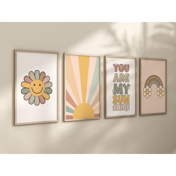 UNFFRAMED Smiley Face Print, Daisy Wall Art, Groovy Nursery, Girls Room Decor, Groovy Nursery, Girls Nursery Wall Art, Retro Nursery, 70'S Nursery #406 Set 4 Prints 12x18