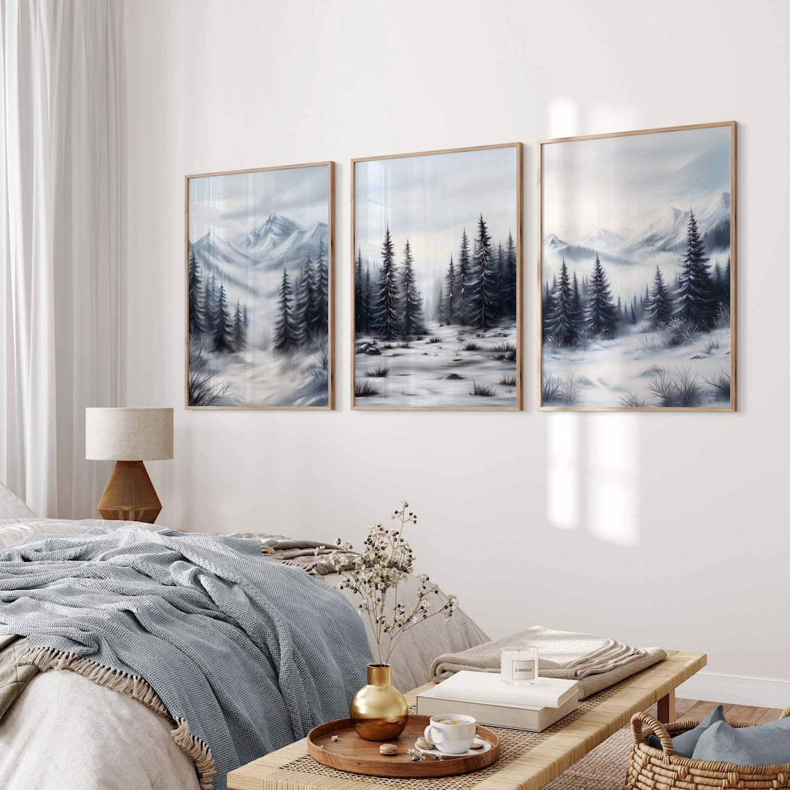 UNFFRAMED Snowy Winter Landscape Forest Mountain Wall Art Set Of 3 Cozy ...