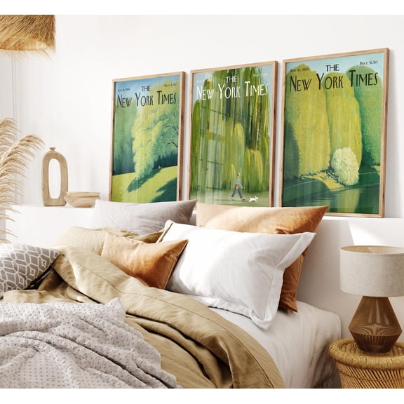 UNFFRAMED Soft Green New York Times Poster Set, Retro Magazine Cover Wall Art Set 3 Prints 8x12