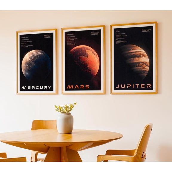 UNFFRAMED Solar System Planet Poster Set Of Mercury, Mars And Jupiter, Vintage Astronomy Wall Art Bundle, Retro Sci-Fi Planet Trio Set 3 Prints 12x18