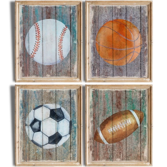 UNFFRAMED Sports Balls Room Décor Art Posters Set Baseball, Basketball, Football, Soccer Set 4 Prints 16x24