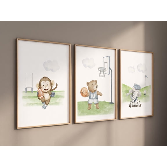 UNFFRAMED Sports Nursery Wall Art, Football Monkey, Basketball Bear, Golf Zebra, Set Of 3 Animal Prints, Boys Sports Room Decor #99 Set 3 Prints 8x12
