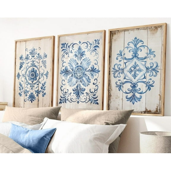 UNFFRAMED Sportuguese Tile Art Azulejo Set Of 3, Vintage Tiles, Distressed Rustic Poster, Modern Wall Decor Set 3 Prints 8x12