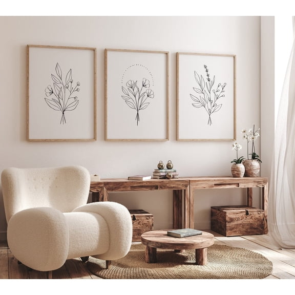 UNFFRAMED Spring Flower Line Art Poster Floral Set Wall Art Wildflower Bouquet Drawing Minimalist Trendy Botanical Poster Set 3 Prints 16x24