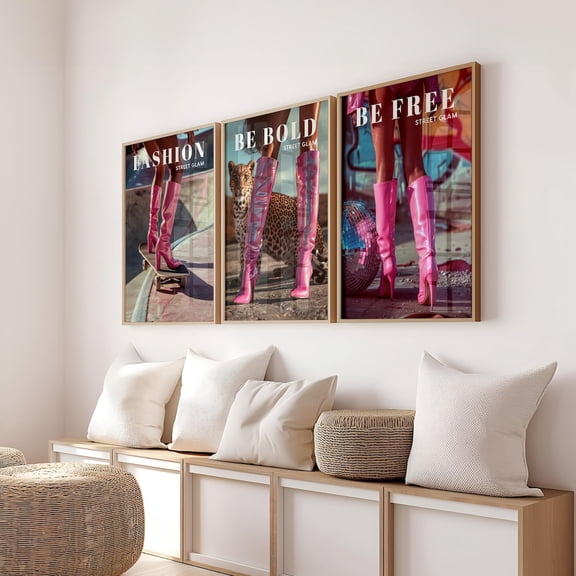 UNFFRAMED Street Glam Poster Set, Fashion Be Bold Be Free Wall Art, Pink Heels Fashion Poster, Modern Chic Editorial Decor Set 3 Prints 8x12