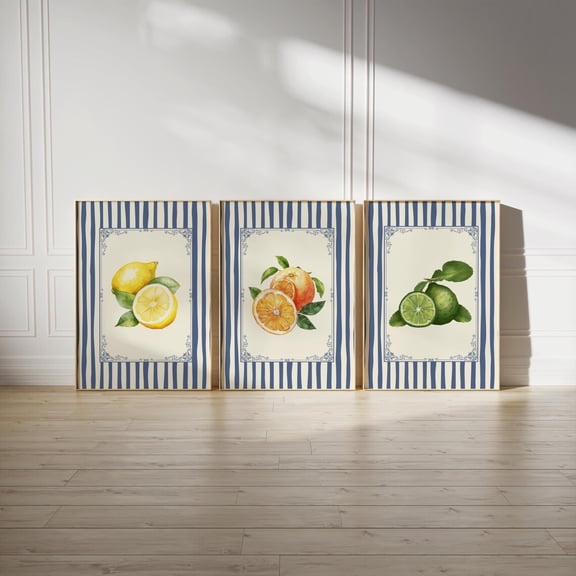UNFFRAMED Striped Citrus Kitchen Wall Art Set, French Farmhouse, Nancy Meyers Aesthetic Poster Set 3 Prints 16x24