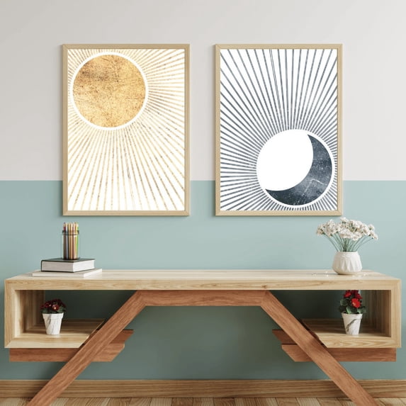 Luvia Sun And Moon Abstract Boho Art, Vintage Boho Decor, Celestial Day And Night Set Of Two, Modern Wall Decor Set 2 Prints 12x18 UNFRAMED