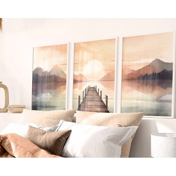 Luvia Sunset Lake Poster Set Of 3, Landscape Decor, Lake & Pier Print, Mountains And Lake Nature Print, Modern Wall Decor Set 3 Prints 12x18 UNFRAMED