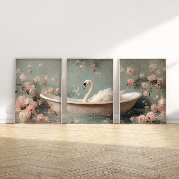 UNFFRAMED Swan In Bathtub Wall Art Set Of 3 Pieces Vintage Bathroom Wall Decor Vintage Home Decor Set 3 Prints 16x24