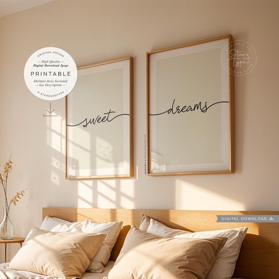 UNFFRAMED Sweet Dreams, Wall Art Set Of 2, Goodnight Sleep Quote, Above Bed Bedroom Decor, Print Jpgs Set 2 Prints 16x24