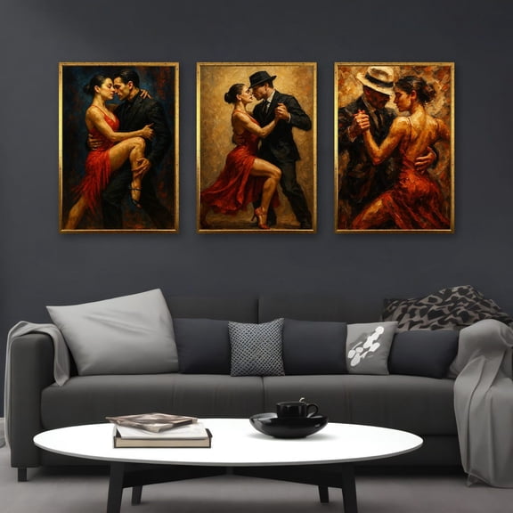 UNFFRAMED Tango Dance Set, Passionate Couple Wall Art Trio, Ready To Hang, Romantic Red Dress Movement Decor Set 3 Prints 12x18