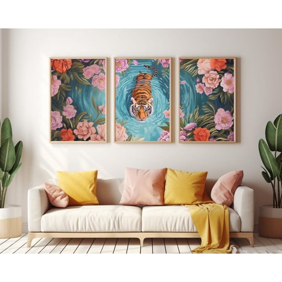 UNFFRAMED Tiger In Pool Poster, Set Of 3, Exotic Floral Animal Wall Art, Wildlife Decor, Big Cat Poster, Jungle Nature Artwork, Feline Theme Set 3 Prints 8x12