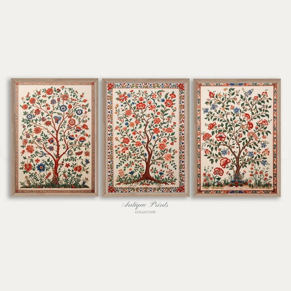 UNFFRAMED Traditional India Tapestry Wall Art, Antique Indian Textile Triptych Poster, Vintage Palempore Art, Indian Folk Pattern Wall Decor, Set 3 Prints 12x18