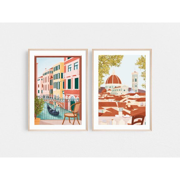 UNFFRAMED Travel Posters Set Of 2, Venice Poster, Florence Poster, Venice, Florence Italy Poster, Venice Gondola Art, Florence Poster Set 2 Prints 20x30