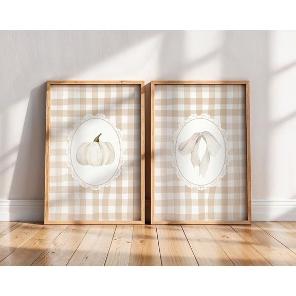 UNFFRAMED Trendy Fall Wall Art, Coquette Bow Print, Gingham Pumpkin Wall Art, Beige Fall Prints, Minimalist Autumn Printable Wall Art for Her Set 2 Prints 20x30