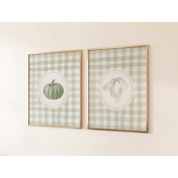 UNFFRAMED Trendy Fall Wall Art, Sage Green Coquette Prints, Gingham Pumpkin Wall Art, Minimalist Autumn Printable Art, Fall Nursery Prints Set 2 Prints 20x30