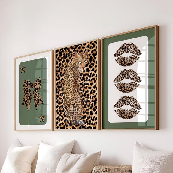 UNFFRAMED Trendy Green Retro Leopard Bow Kiss Lips Wall Art Set, Y2K Fashion Dorm Decor Set 3 Prints 12x18