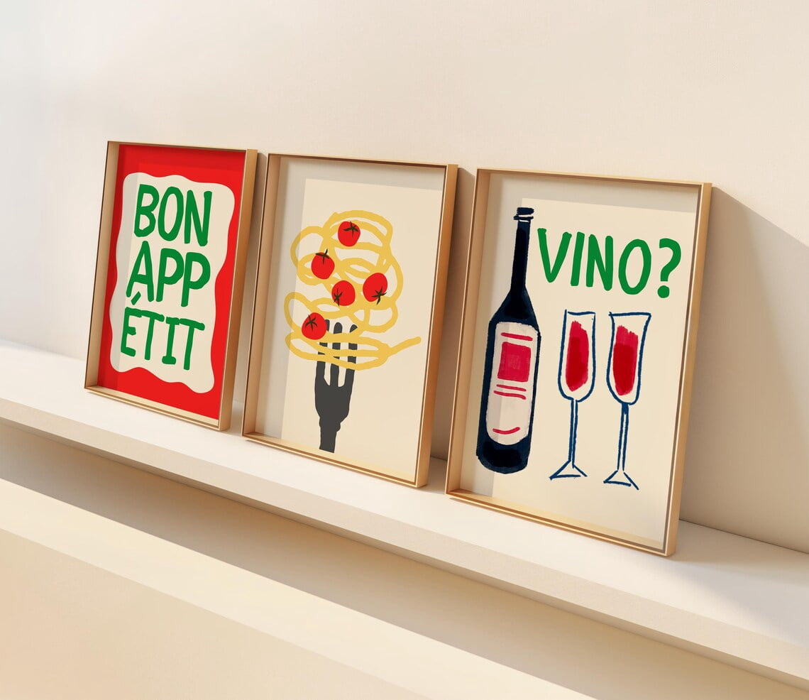 Kitchen Posters Set UNFFRAMED Trendy Kitchen Poster Set, Pasta, Wine, Bon Appétit Set 3 ...