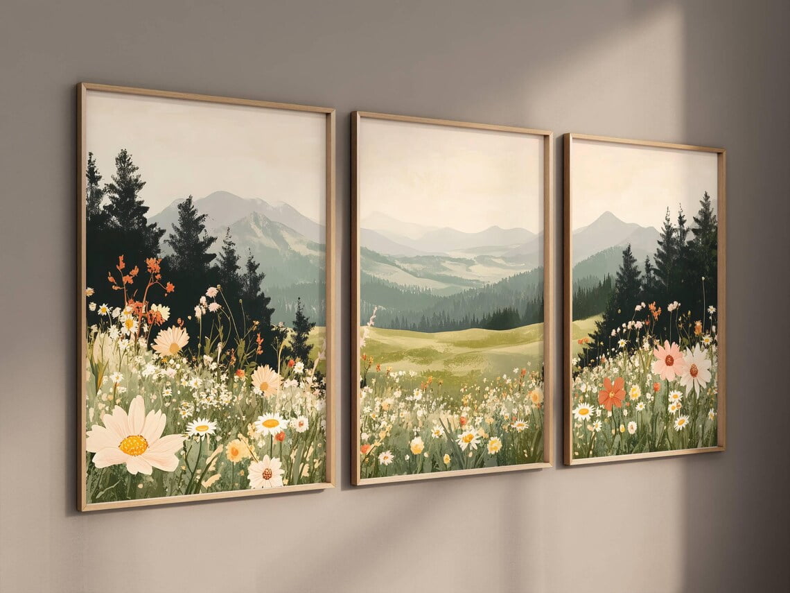 UNFFRAMED Triptych Mountain Daisy Wildflower Landscape Poster 3 Piece ...