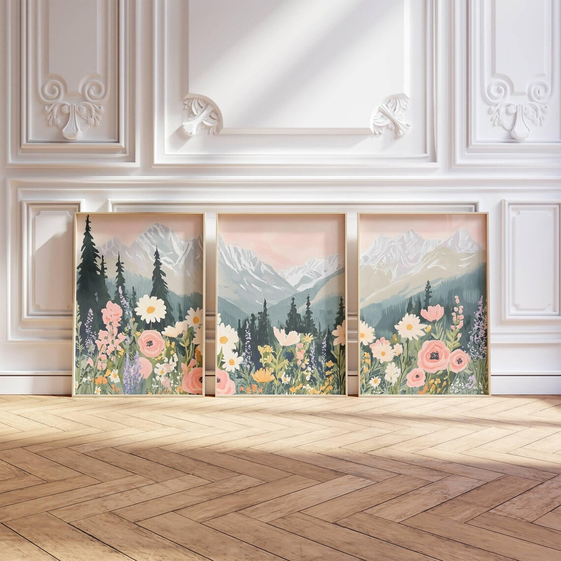 UNFFRAMED Triptych Mountain Daisy Wildflower Landscape Poster, 3 Poster ...
