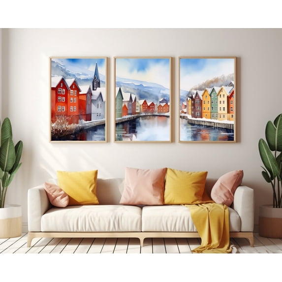 UNFFRAMED Trondheim Poster Set Of 3, Norway Coastal Wall Art, Colorful Cityscape Decor, Scandinavian Poster, European Travel Artwork Set 3 Prints 12x18
