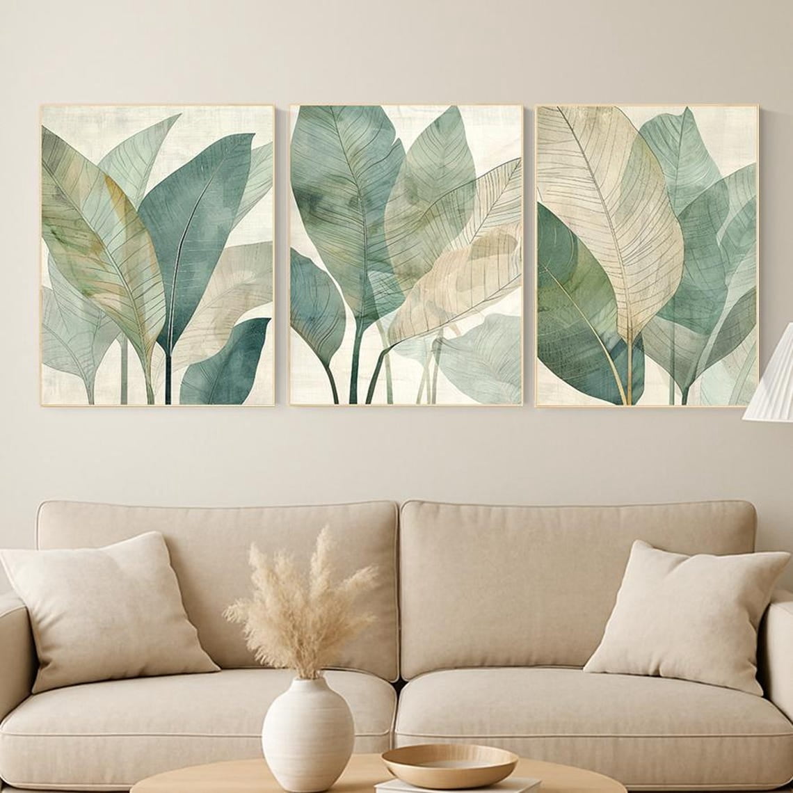 UNFFRAMED Tropical Leaf Wall Art Set, Neutral Green Botanical Prints ...