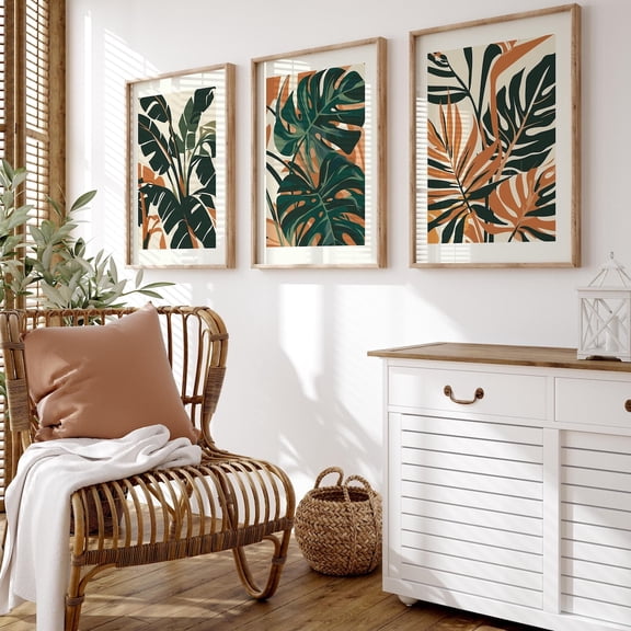 UNFFRAMED Tropical Wall Art, Flower Poster Print, Botanical Art Prints, Tropical Leaves Art, Floral Print Set, Set Of 3 Prints, Monstera Print Set 3 Prints 16x24