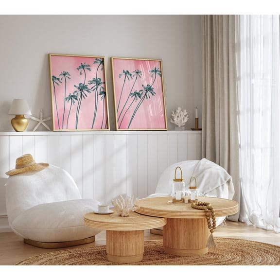 UNFFRAMED Tropical Wall Art, Palm Tree Art, Palm Tree Poster, Pink Beach, Girly Bedroom, Prints, Preppy Beach, Boho Coastal, Printable Art Set 2 Prints 12x18