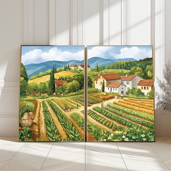 UNFFRAMED Tuscan Farm Landscape Art Print Set, Rustic Countryside Wall Decor Set 2 Prints 16x24