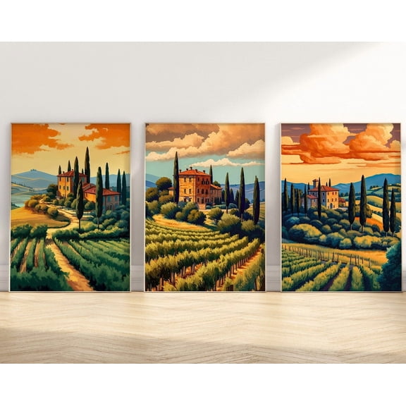 Luvia Tuscany Set Of 3 Prints Boho Italian Landscape Poster Vineyard Wine Country Colourful, Modern Wall Decor Set 3 Prints 8x12 UNFRAMED