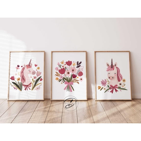 UNFFRAMED Unicorn Floral Wall Art Prints, Gold Glitter Nursery Decor Set 3 Prints 20x30