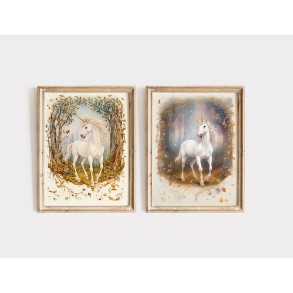 UNFFRAMED Unicorn Illustration Set Of 2, Unicorn In Enchanted Autumn Forest, Magical Unicorn Wall Art, Aesthetic Unicorn Poster. Set 2 Prints 16x24