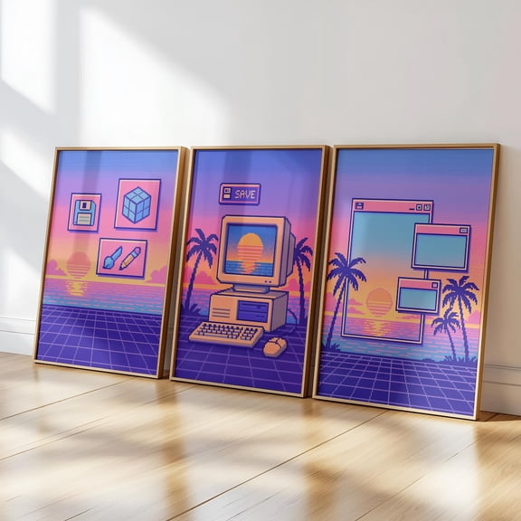 UNFFRAMED Vaporwave Pixel Art Poster 3 Set, Retro 80S Tech Gaming Poster Set 3 Prints 20x30