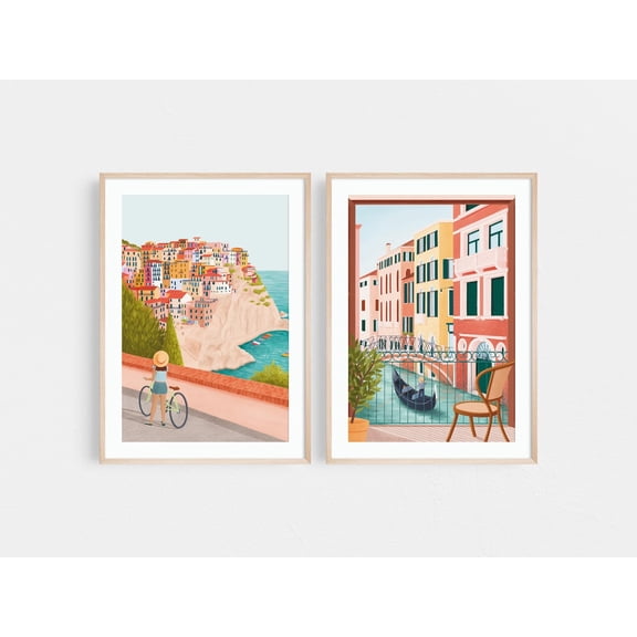 UNFFRAMED Venice, Cinque Terre Poster, Venice Poster, Travel Posters Set Of 2, Italy Travel Poster Sets, Italy Wall Art Set, Destination Poster Set 2 Prints 8x12