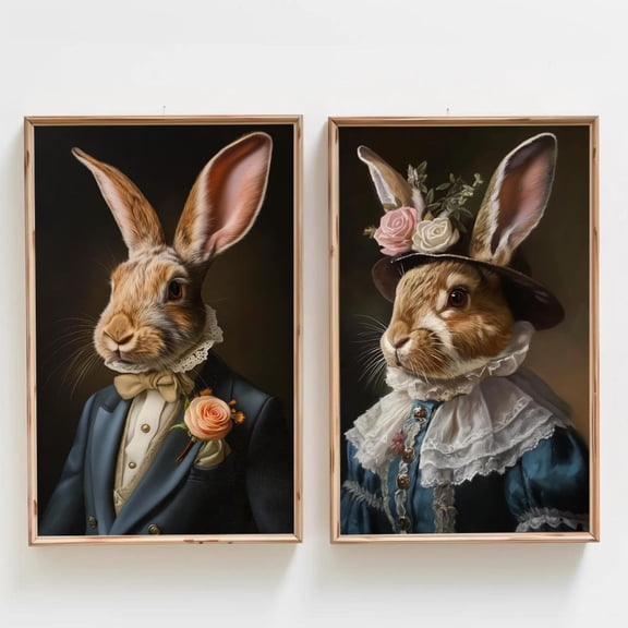 UNFFRAMED Victorian Bunny Couple Portrait Set, Poster Art Poster, Ready To Hang, Nursery Or Living Room Whimsical Wall Decor Set 2 Prints 20x30