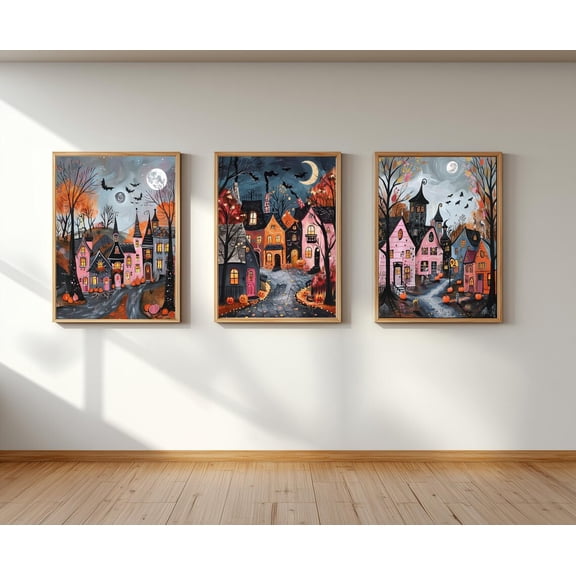 UNFFRAMED Village Wall Art Set Of 3, Whimsical Spooky Houses Poster Bundle, Pink & Orange Fall Decor Set 3 Prints 12x18