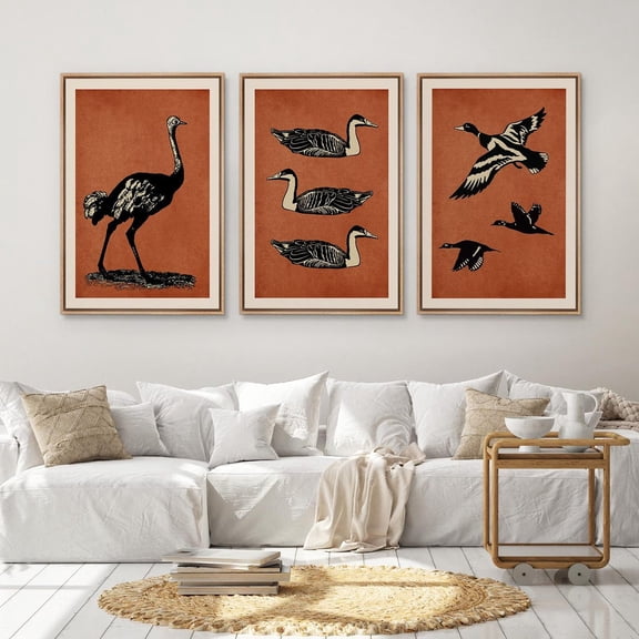 UNFFRAMED Vintage Bird Wall Art Set Of 3, Black Beige Bird On Terracotta Prints, Boho Minimalist Nature Decor For Living Room Or Bedroom Set 3 Prints 12x18