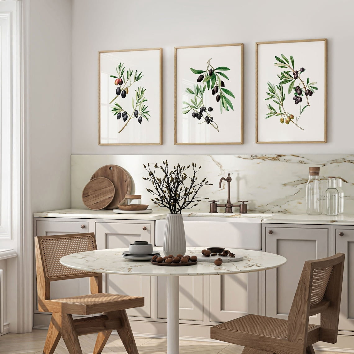 set of three mediterranean kitchen prints | framed... UNFFRAMED Vintage Botanical, 3 Piece Kitchen Wall Artet Olive Branch ...