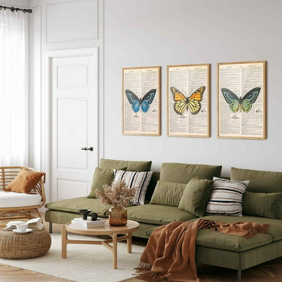 UNFFRAMED Vintage Butterfly Dictionary Art Print, Farmhouse Gallery Wall Decor Set 3 Prints 20x30