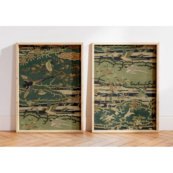 UNFFRAMED Vintage Chinoiserie Bird Posters Set, Botanical Sage Green Wall Art Set 2 Prints 20x30