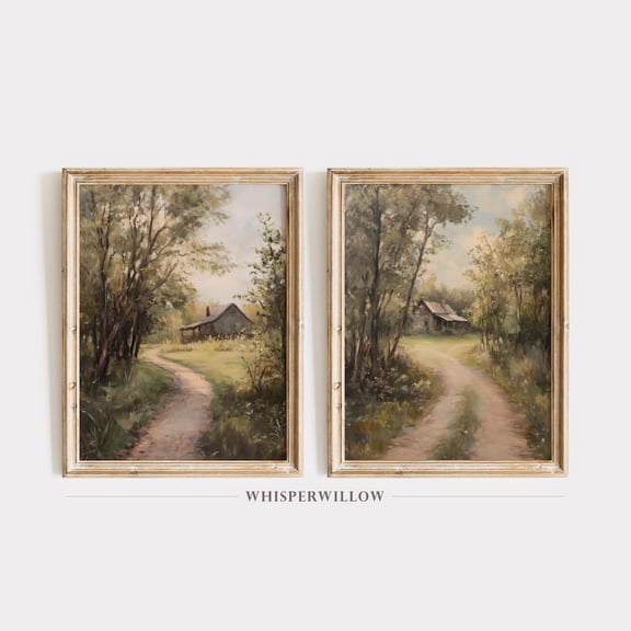 UNFFRAMED Vintage Country Farmhouse Landscapeet Of Two, Cozy Forest Cottage, Rustic Summer Cabin Wall Decor Set 2 Prints 16x24