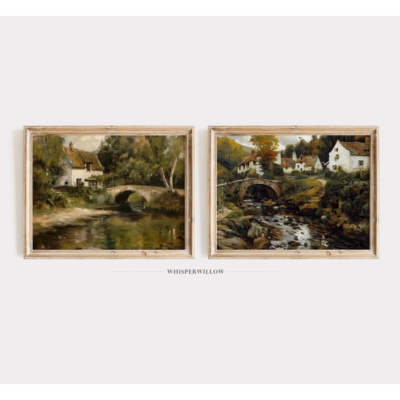 UNFFRAMED Vintage Countryside Bridge Landscape Set Of Two 2Tream River Timeless Art, Autumn Cabin Wall Decor Set 2 Prints 20x30